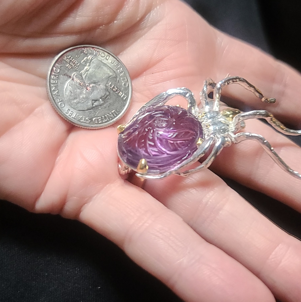 Large handcarved Amethyst & Sapphire Sterling & Gold Spider 🕷 brooch - Picture 2 of 8
